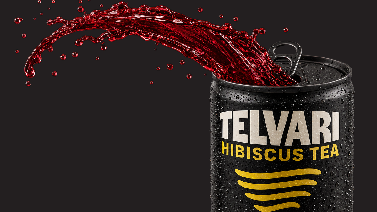 Cold Telvari Hibiscus Tea can with hibiscus-red liquid